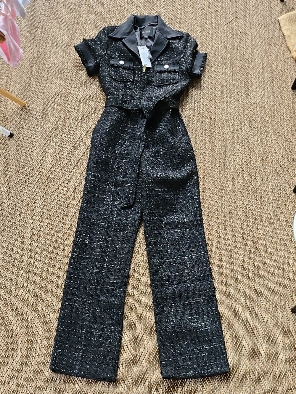 Guess Black Metallic  Tweed Wide-Leg Jumpsuit with Self Tie Belt